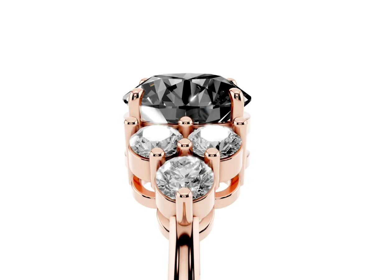 Fancy Black Round Cut Brilliant Diamond Cluster Accent Solitaire Ring with Prong Setting Rose gold
