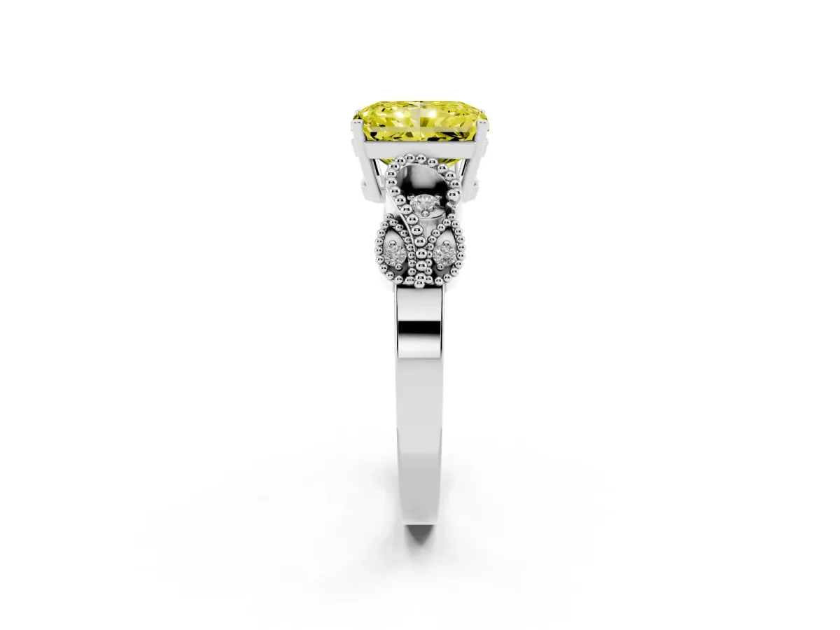 Fancy Yellow Radiant Cut Solitaire Milgrain Leaf Band with Prong Setting Platinum