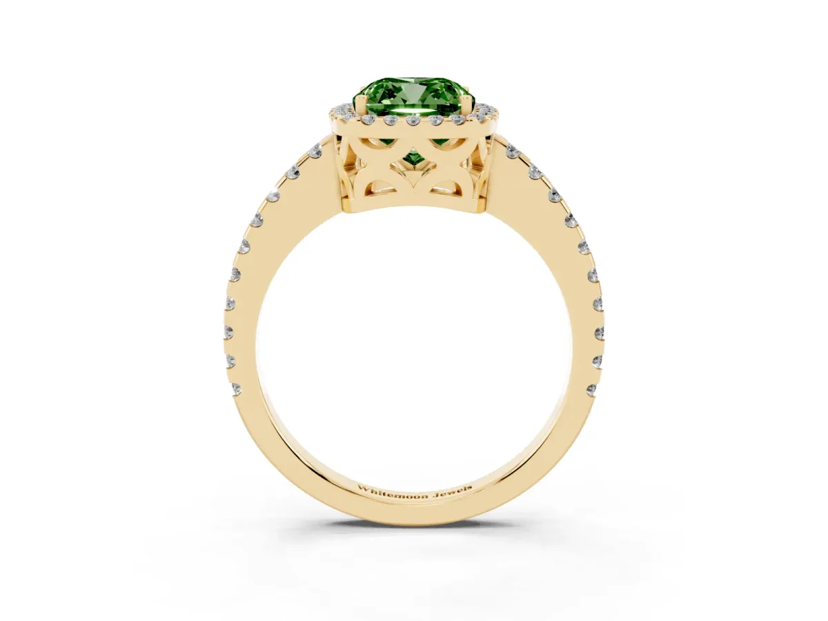 Fancy Green Cushion Cut Diamond Halo Engagement Ring with Pavé Band and Prong Setting Yellow gold