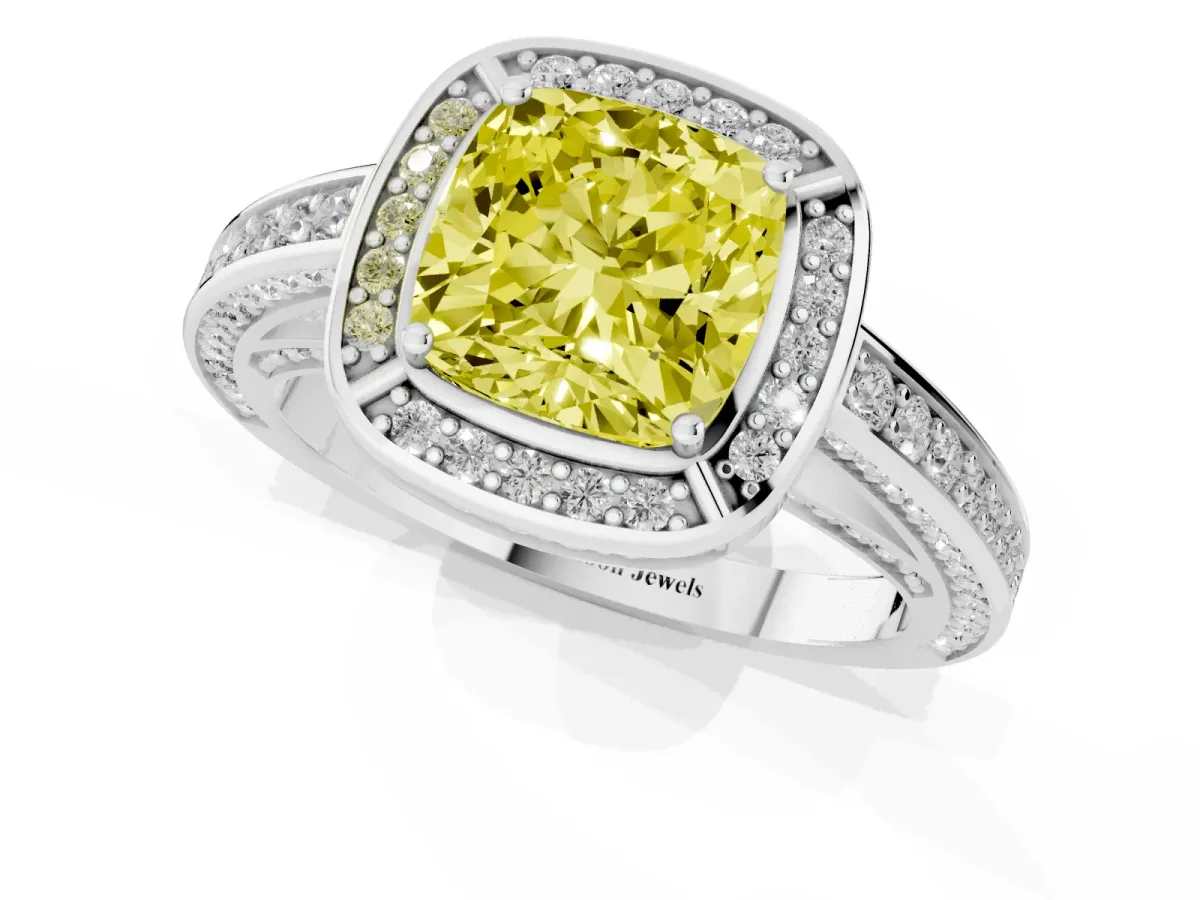 Fancy Yellow Cushion Cut Cut Halo Pave Split Shank Prong Setting Ring Platinum