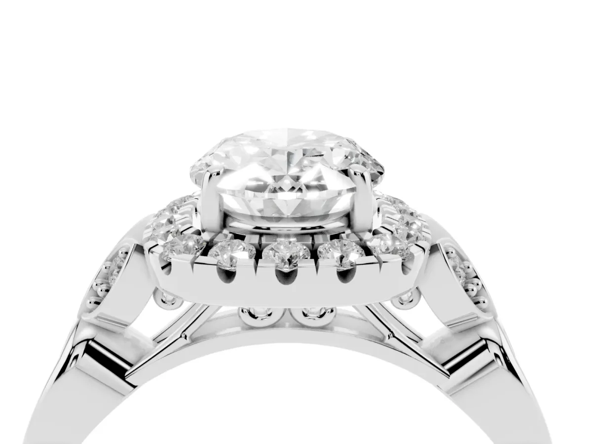 Oval Cut Halo Diamond Engagement Ring with Vintage-Inspired Band and Four-Prong Setting Platinum