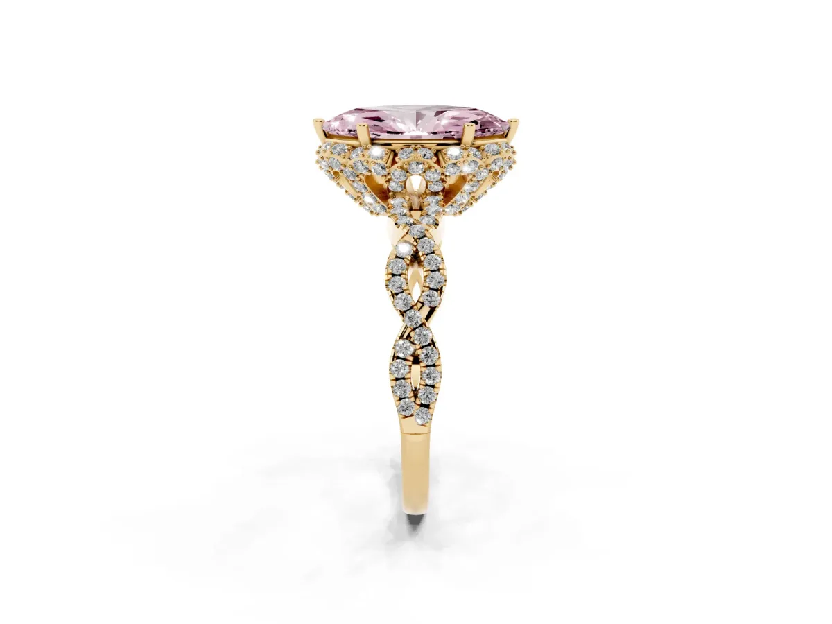 Fancy Pink Marquise Cut Halo Twist Band Solitaire Ring with Six-Prong Setting Yellow gold