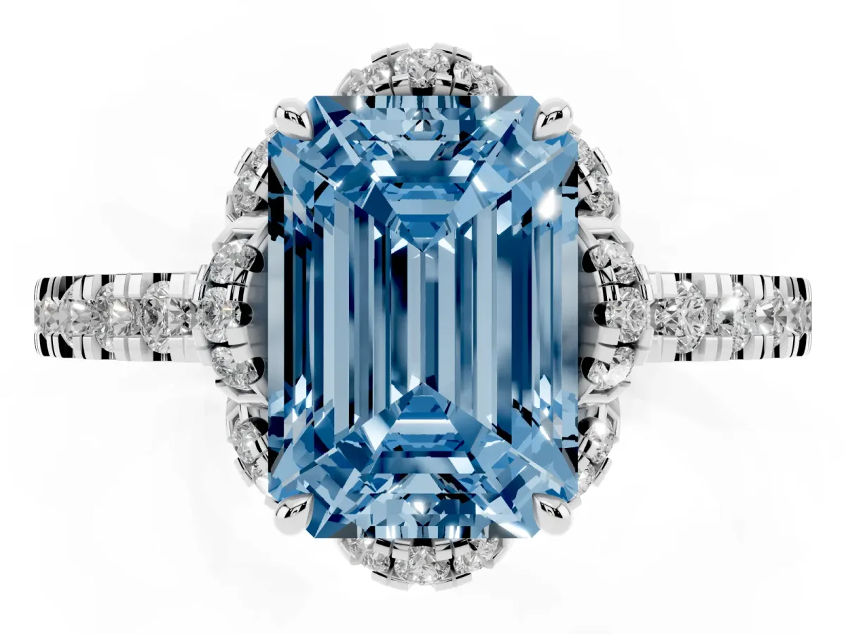 Fancy Blue Emerald Cut Halo Diamond Pave Band Ring with Four-Prong Setting Silver