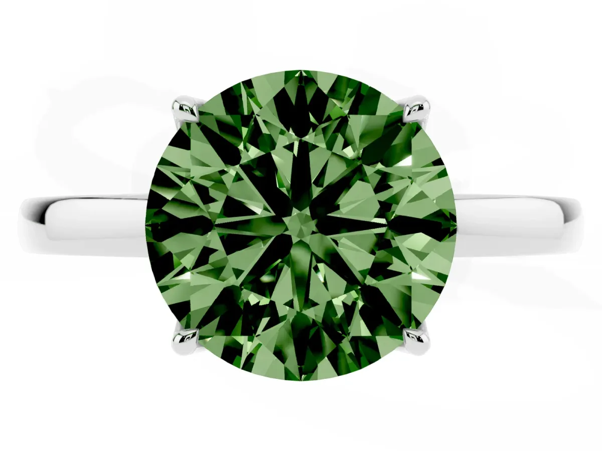 Fancy Green Round Cut Diamond Solitaire Ring with Thin Band and Prong Setting Platinum