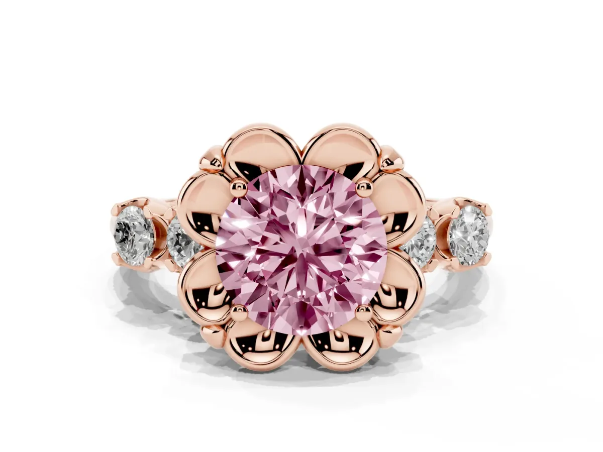 Fancy Pink Round Cut Cut Diamond Floral Halo Engagement Ring with Shared Prong Setting Rose gold