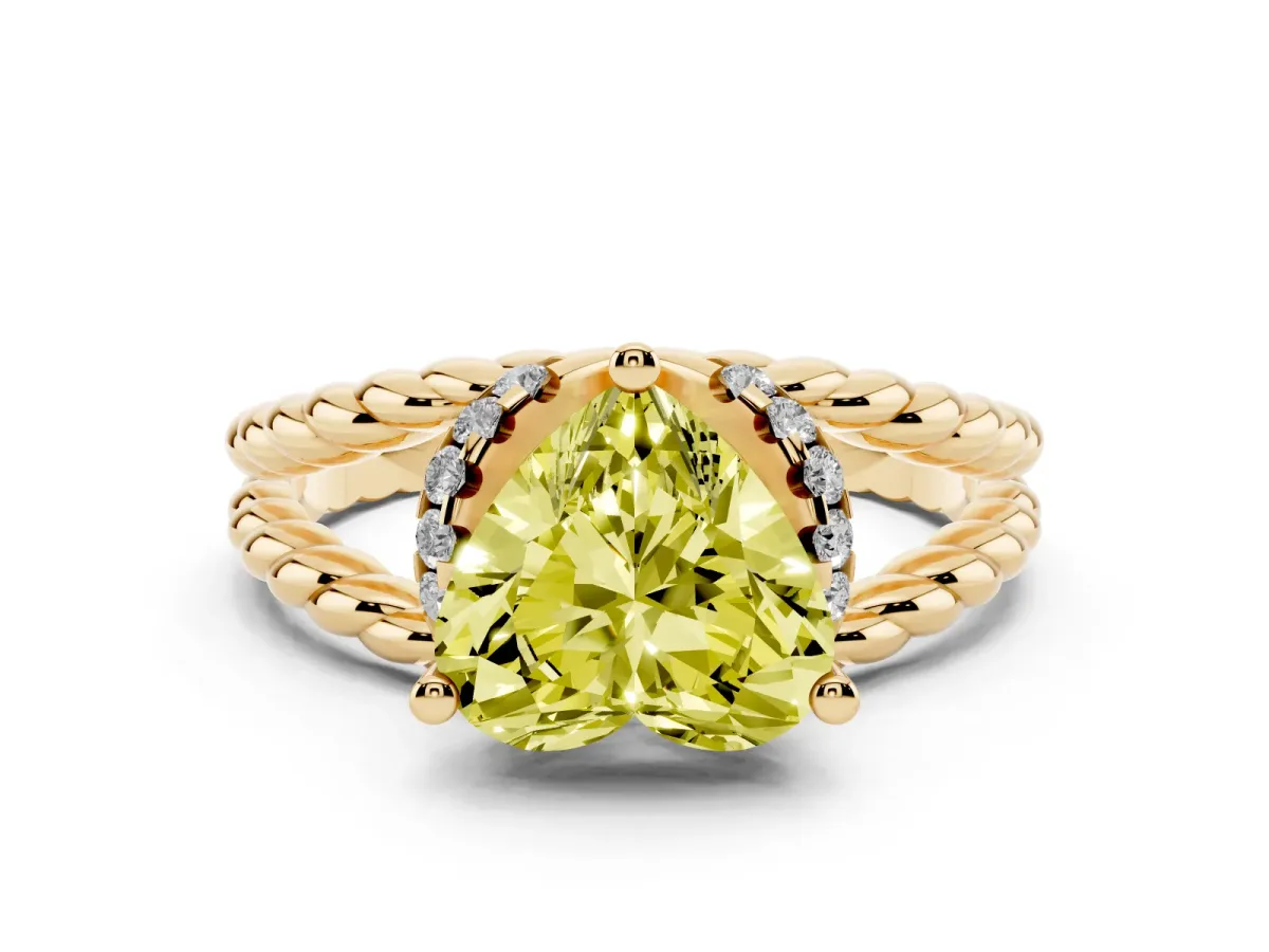 Fancy Yellow Heart Cut Halo Twisted Band Four-Prong Ring Yellow gold