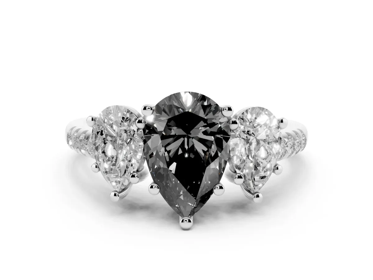 Fancy Black Three-Stone Pear Cut Diamond Ring with Round Pavé Band and Prong Setting Silver