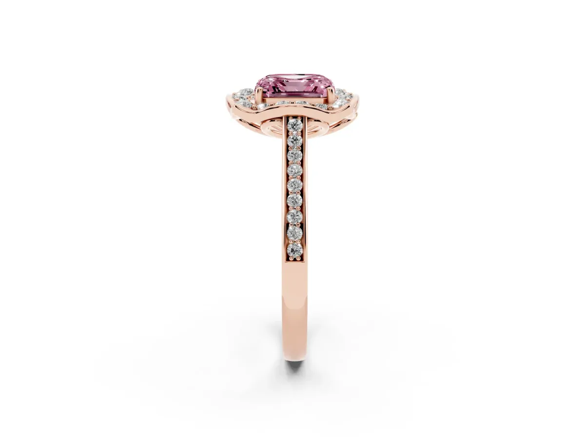 Fancy Pink Asscher Cut Halo Round Diamond Pave Band with Four-Prong Setting Rose gold