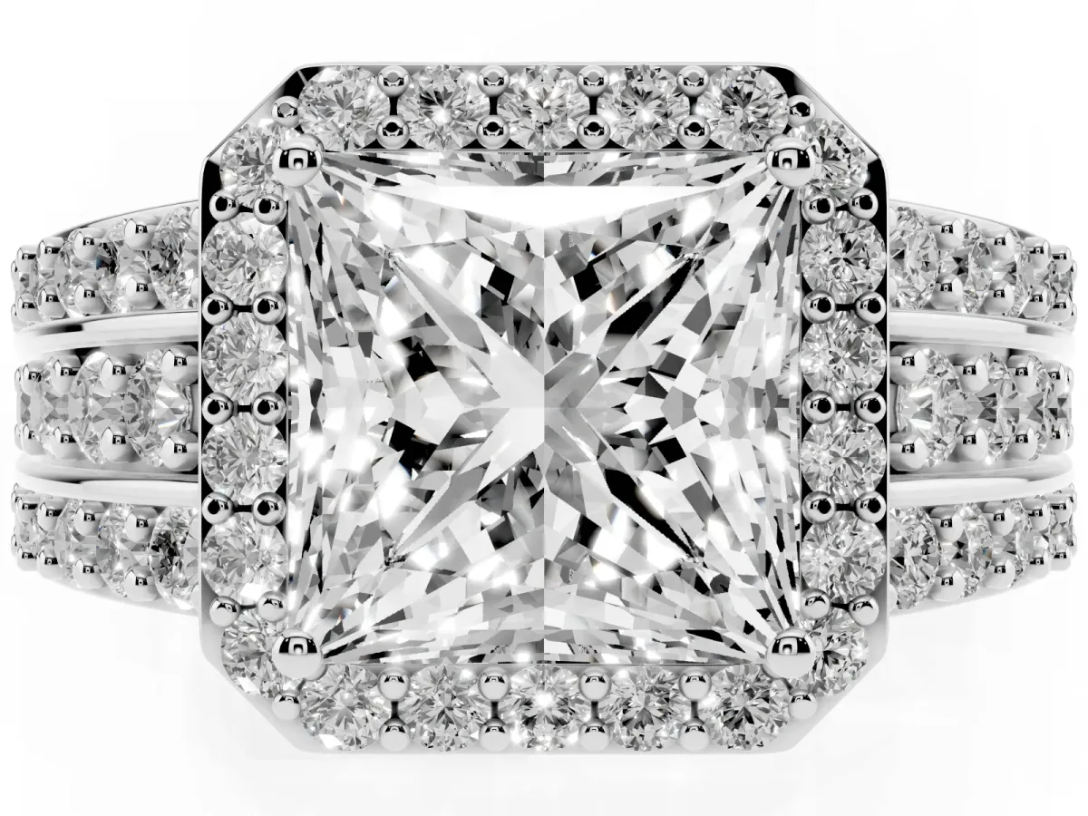 Princess Cut Halo Diamond Ring with Round Split Shank and Prong Setting Silver