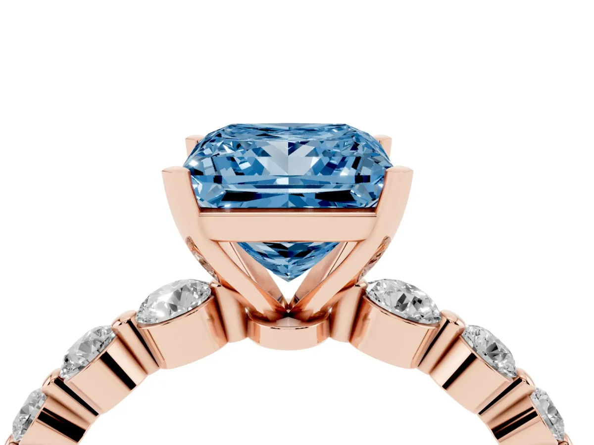 Fancy Blue Princess Cut Solitaire Diamond Ring with Pave Band and Four-Prong Setting Rose gold