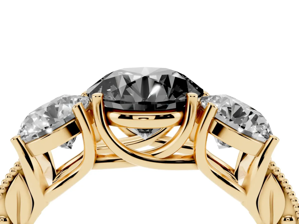 Fancy Black Three-Stone Round Cut Cut Milgrain Pavé Engagement Ring Yellow gold