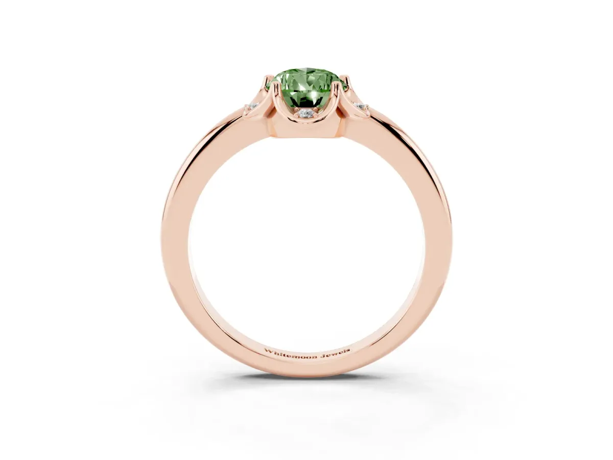 Fancy Green Pear Cut Halo Diamond Ring with Round Cluster Setting, Solitaire Band, and Four-Prong Setting Rose gold