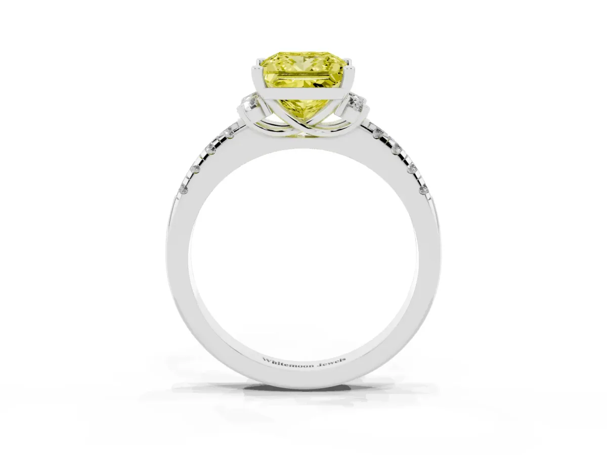 Fancy Yellow Princess Cut Diamond Three-Stone Pave Band with Four-Prong Setting Silver