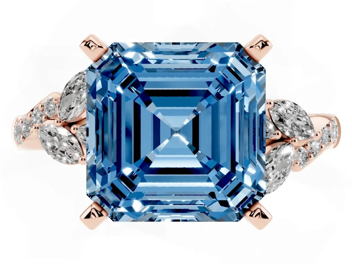 Fancy Blue Asscher Cut Solitaire Marquise Twist Band with Six-Prong Setting Rose gold