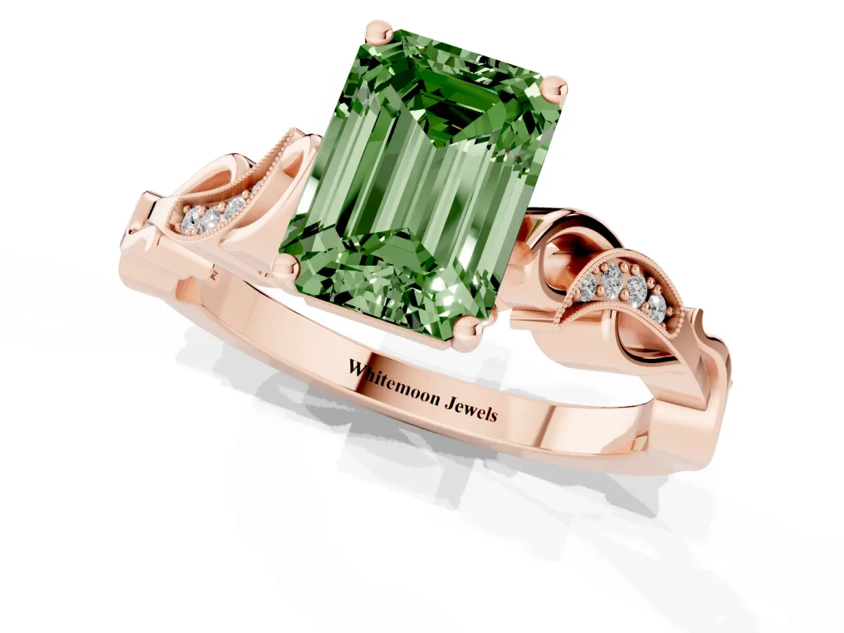 Fancy Green Emerald Cut Solitaire Vine Band with Milgrain Prong Setting Rose gold