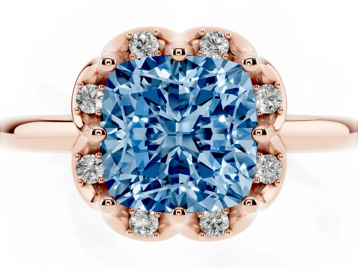Fancy Blue Cushion Cut Halo Diamond Ring with Round Cluster Setting, Solitaire Band, and Four-Prong Setting Rose gold