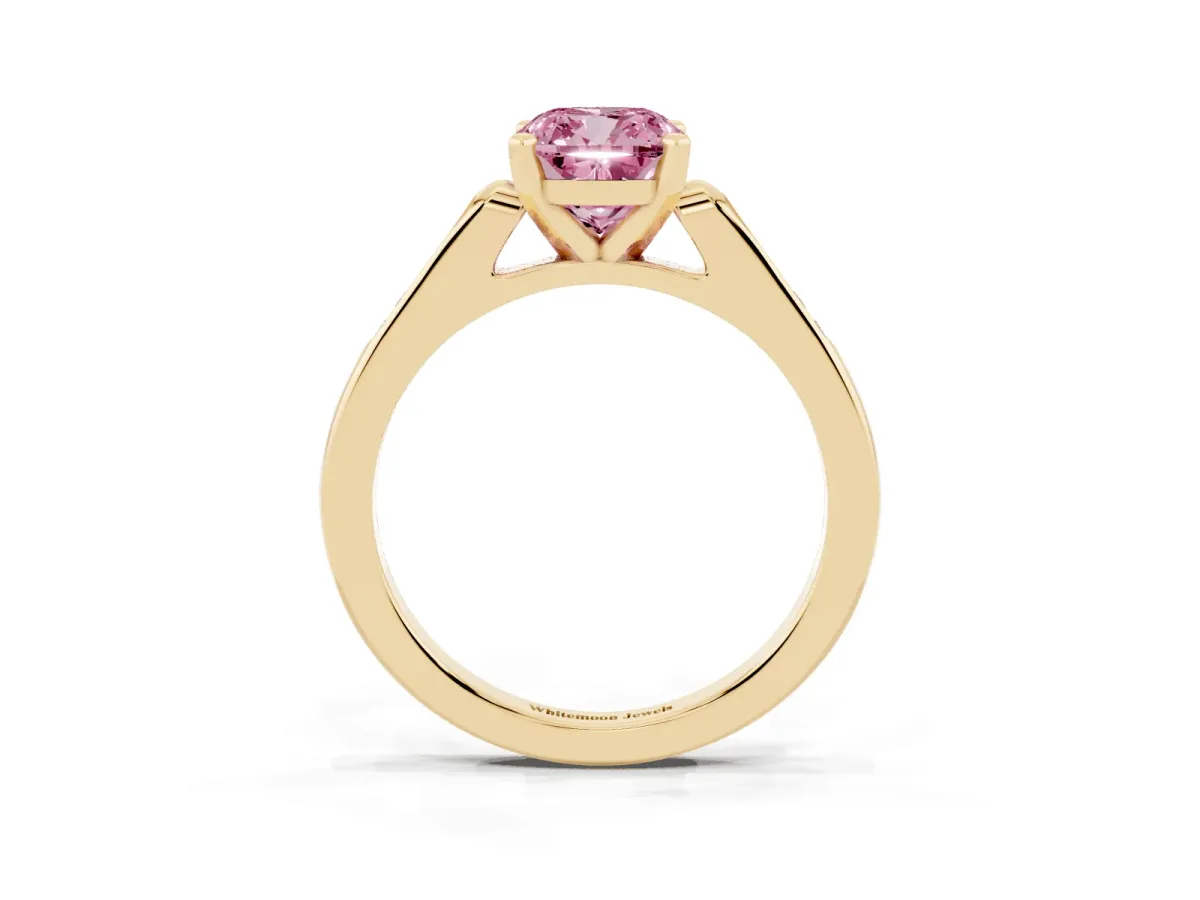 Fancy Pink Cushion Cut Diamond Solitaire Ring with Channel Set Round Band and Prong Setting Yellow gold