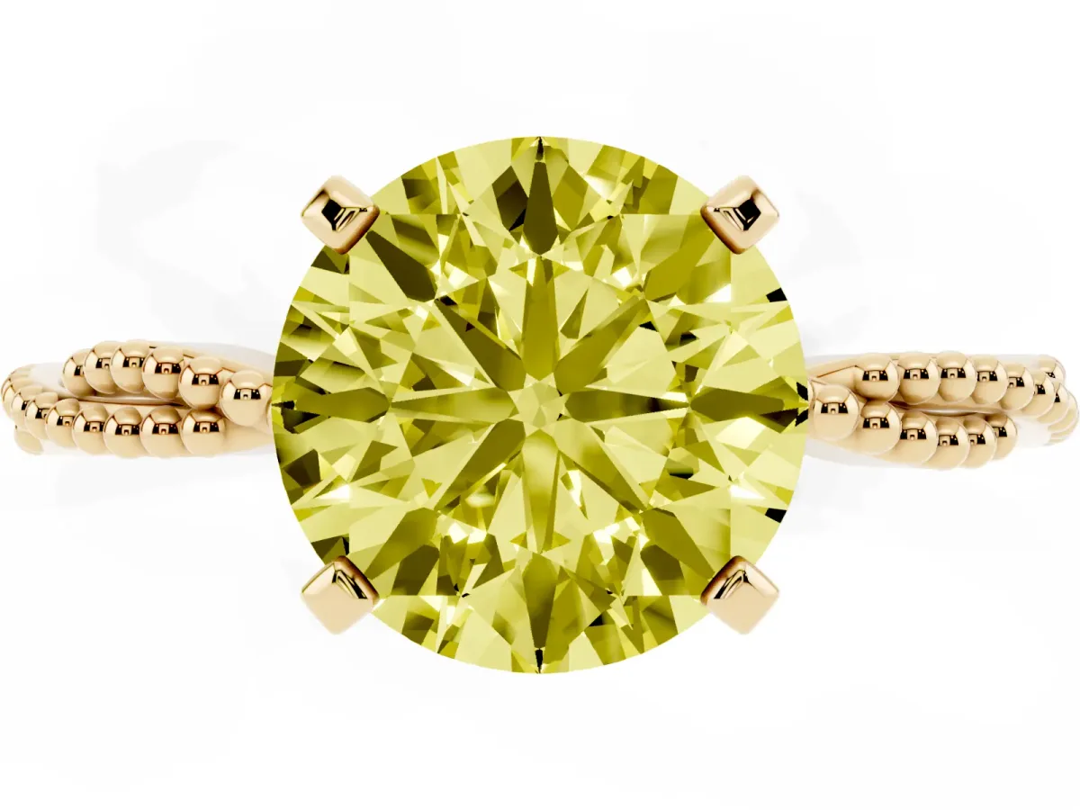 Fancy Yellow Round Cut Solitaire Twisted Band with Bead Prong Setting Yellow gold