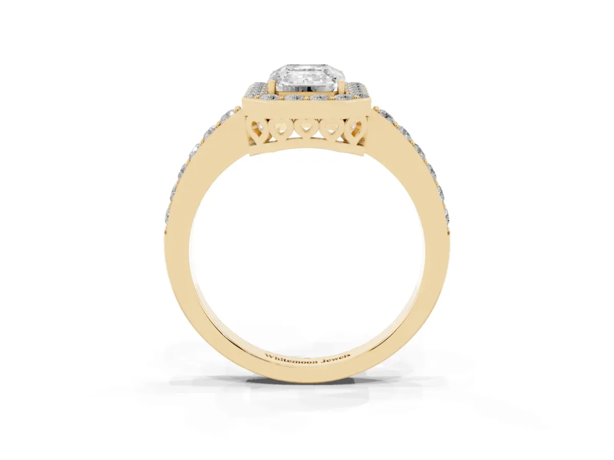 Emerald Cut Halo Diamond Pavé Band Ring with Prong Setting Yellow gold