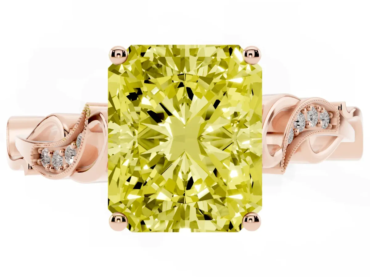 Fancy Yellow Radiant Cut Solitaire Vine Band with Milgrain Prong Setting Rose gold