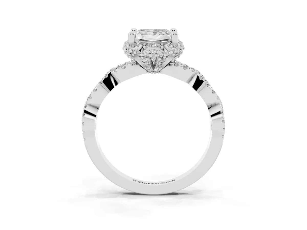 Princess Cut Halo Twist Band Solitaire Ring with Six-Prong Setting Silver