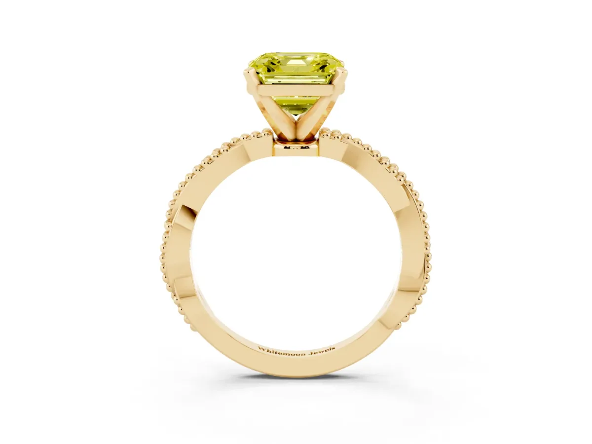 Fancy Yellow Asscher Cut Solitaire Twisted Band with Bead Prong Setting Yellow gold