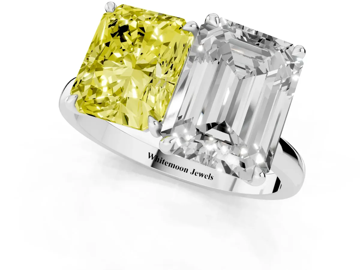 Fancy Yellow Radiant Cut and Emerald Cut Toi Moi Ring with Prong Setting Silver