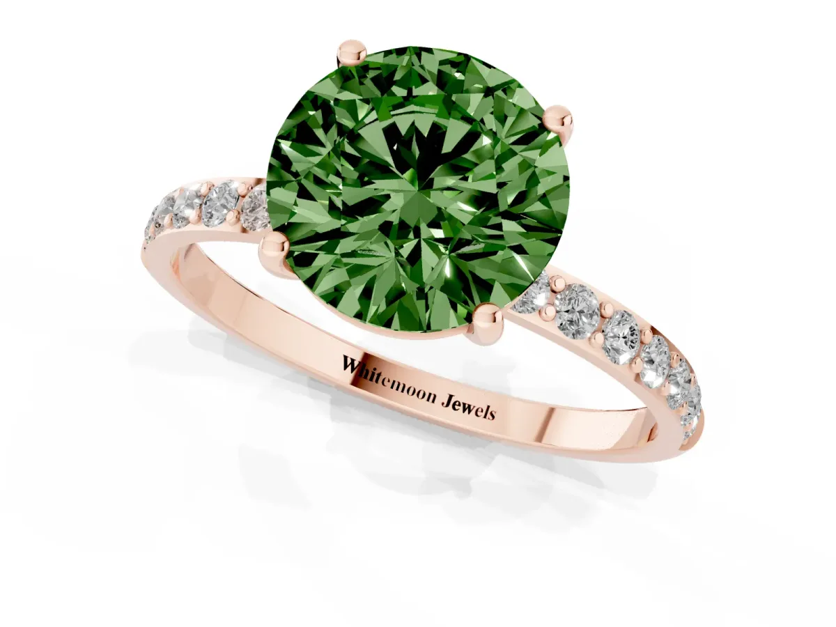 Fancy Green Round Cut Diamond Solitaire Ring with Round Pavé Shoulders and Prong Setting Rose gold