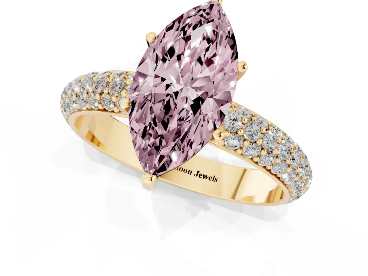 Fancy Pink Marquise Cut Diamond Solitaire Ring with Prong Setting and Pavé Band Yellow gold