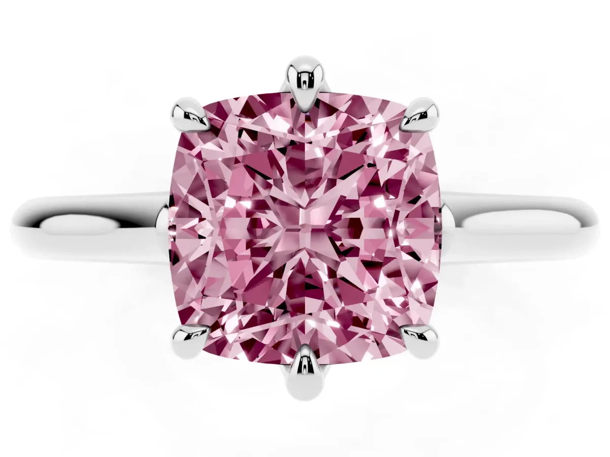 Fancy Pink Cushion Cut Solitaire Engagement Ring with Six-Prong Setting and Classic Band Platinum
