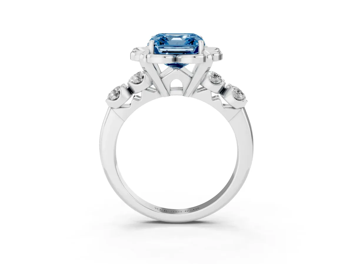 Fancy Blue Asscher Cut Cut Diamond Floral Halo Engagement Ring with Shared Prong Setting Silver