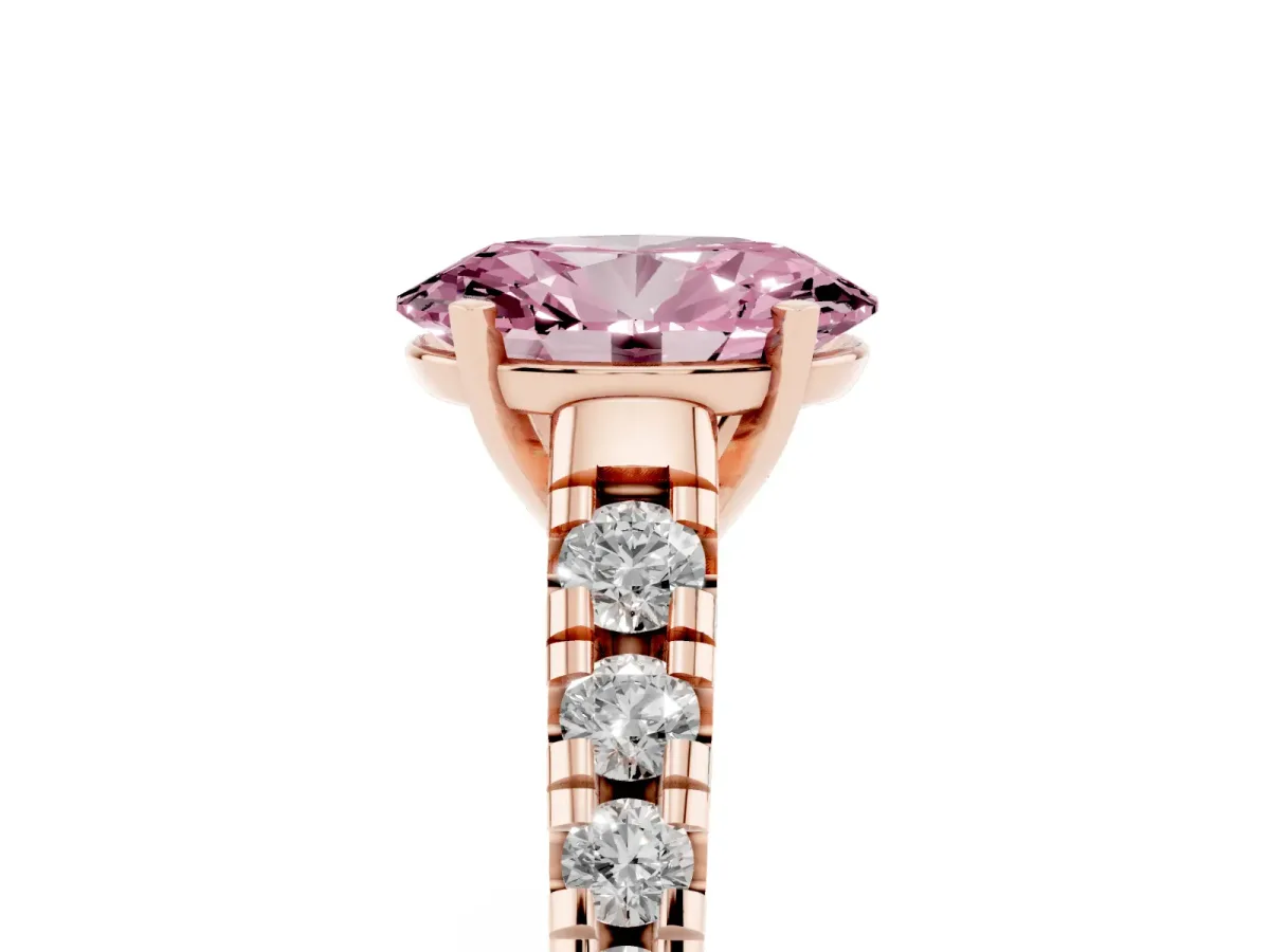 Fancy Pink Oval Cut Diamond Cathedral Solitaire Ring with Round Pavé Band Rose gold