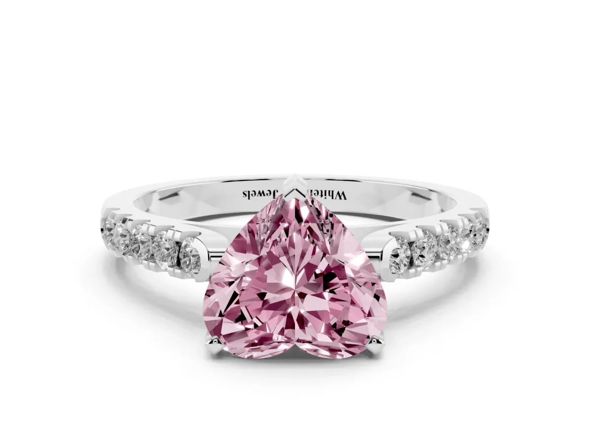 Fancy Pink Heart Cut Diamond Pavé Band Solitaire Ring with Prong Setting Platinum