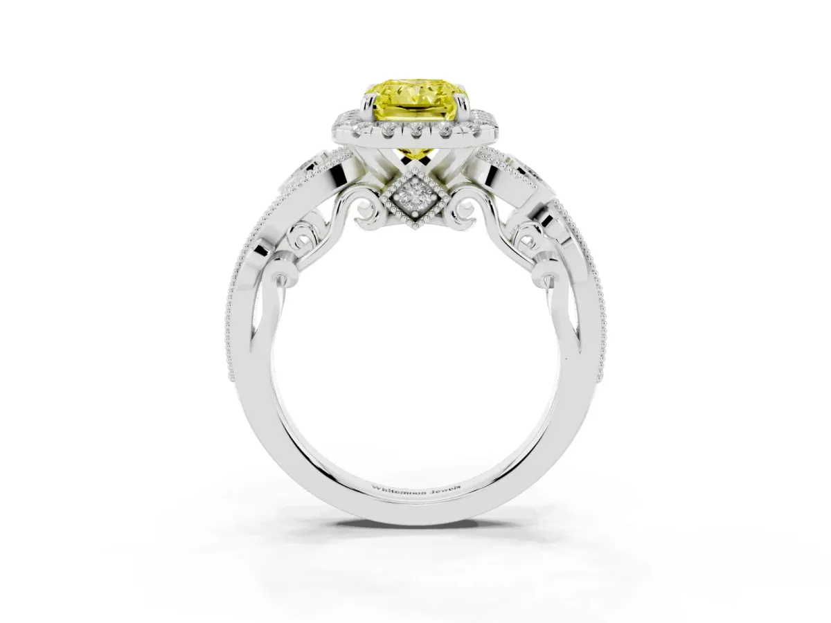Fancy Yellow Radiant Cut Halo Diamond Ring with Milgrain and Bezel Accents on a Split Shank Band Silver