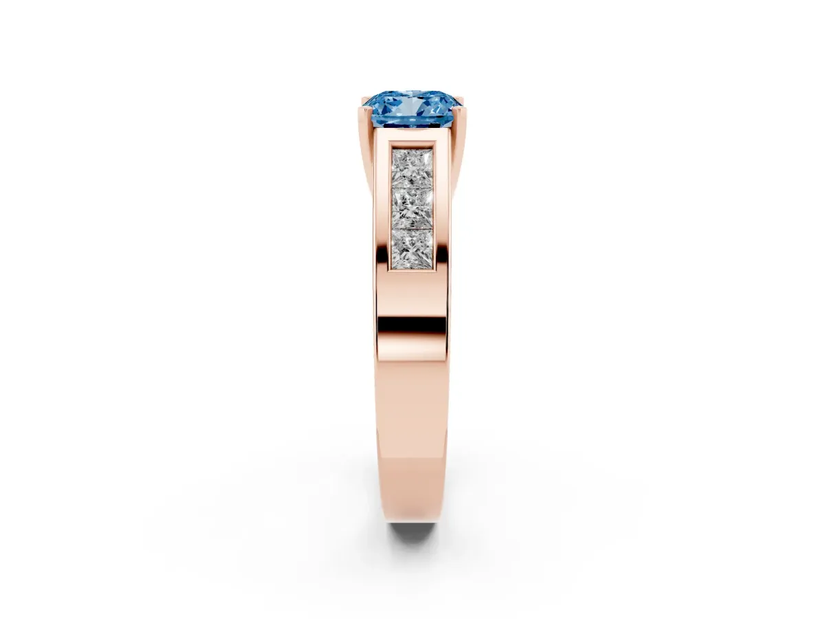 Fancy Blue Cushion Cut Cut Channel Set Solitaire Ring with Four-Prong Setting Rose gold