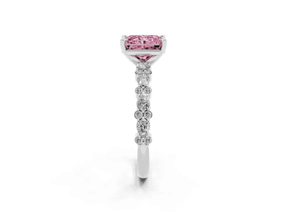 Fancy Pink Radiant Cut Diamond Side Stone Solitaire Ring with Round and Four-Prong Setting Silver
