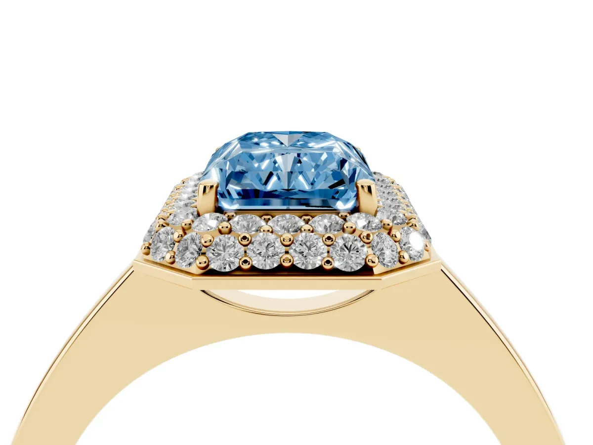 Fancy Blue Radiant Cut Halo Diamond Engagement Ring with Solitaire Band and Four-Prong Setting Yellow gold