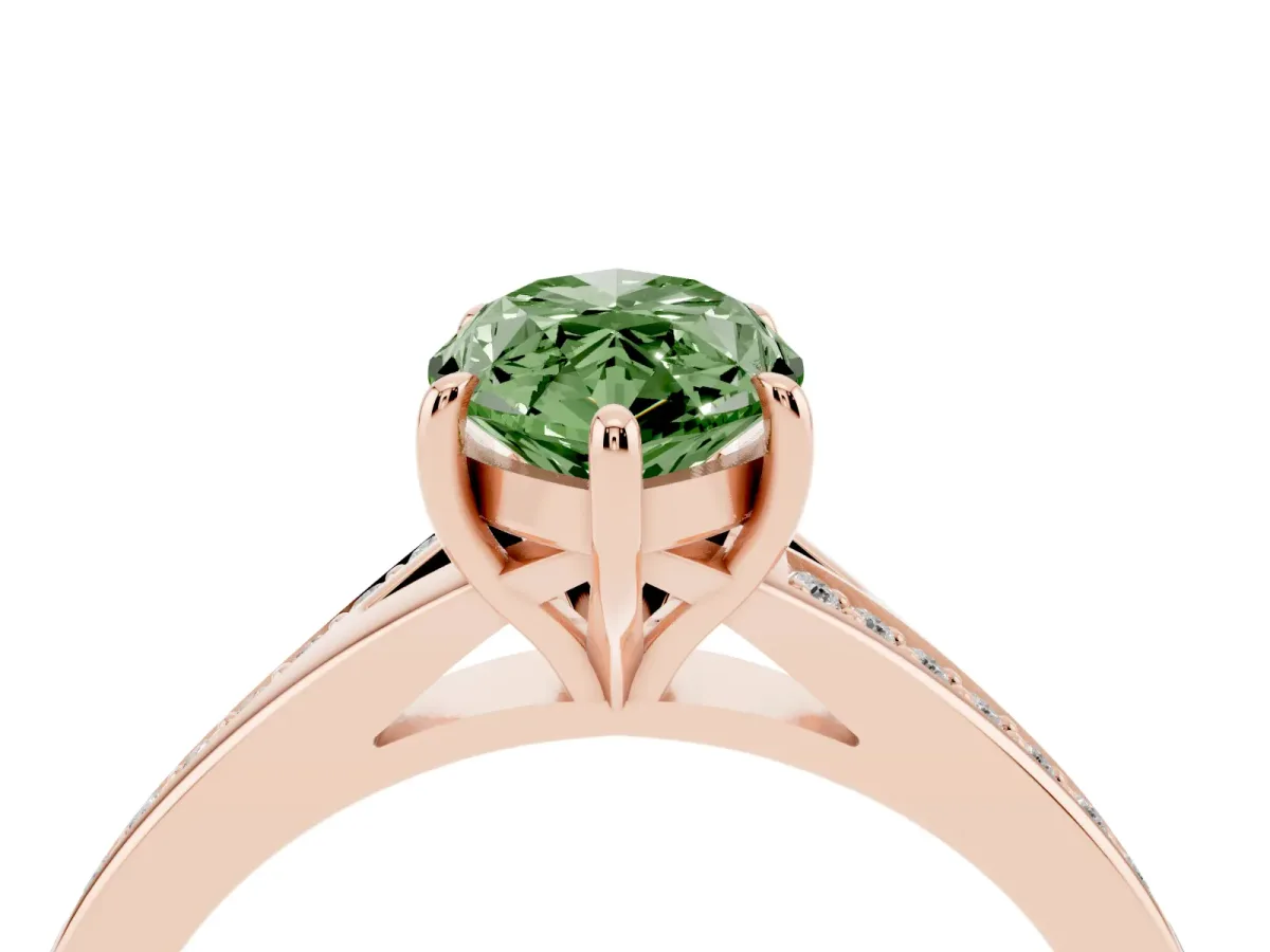 Fancy Green Marquise Cut Diamond Solitaire Ring with Pavé Band and Prong Setting Rose gold