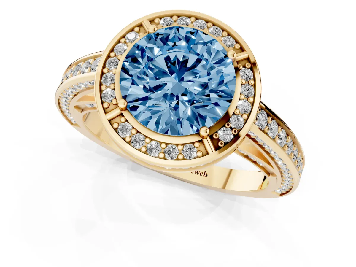 Fancy Blue Round Cut Cut Halo Pave Split Shank Prong Setting Ring Yellow gold