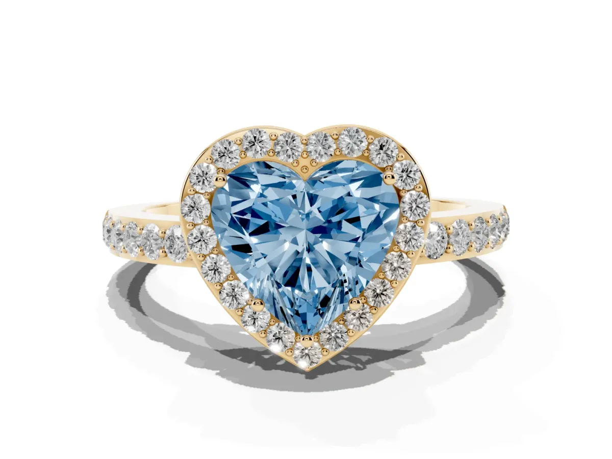 Fancy Blue Heart Cut Halo Diamond Pavé Band Ring with Prong Setting Yellow gold