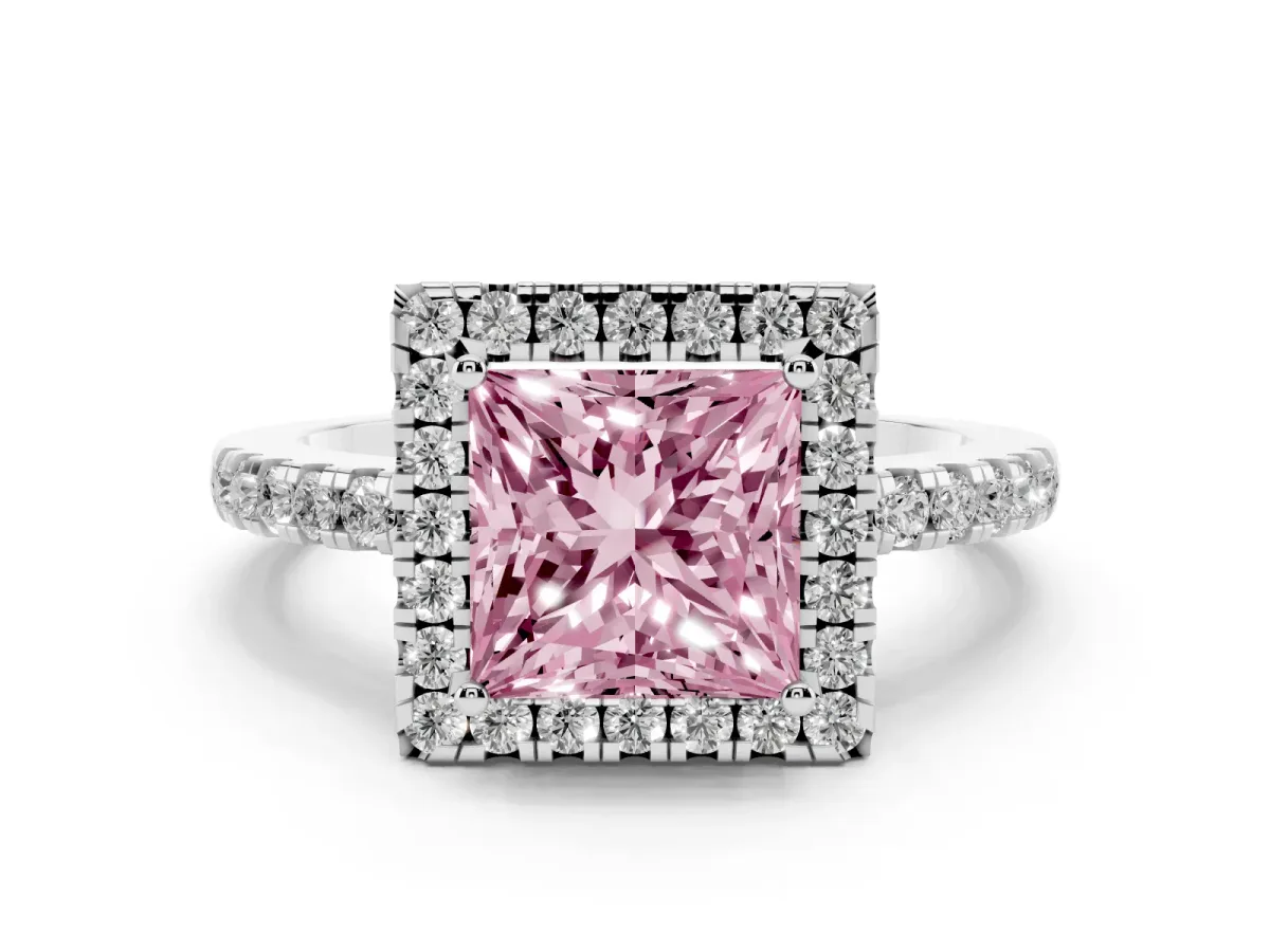 Fancy Pink Princess Cut Halo Diamond Engagement Ring with Pavé Band and Four-Prong Setting Silver