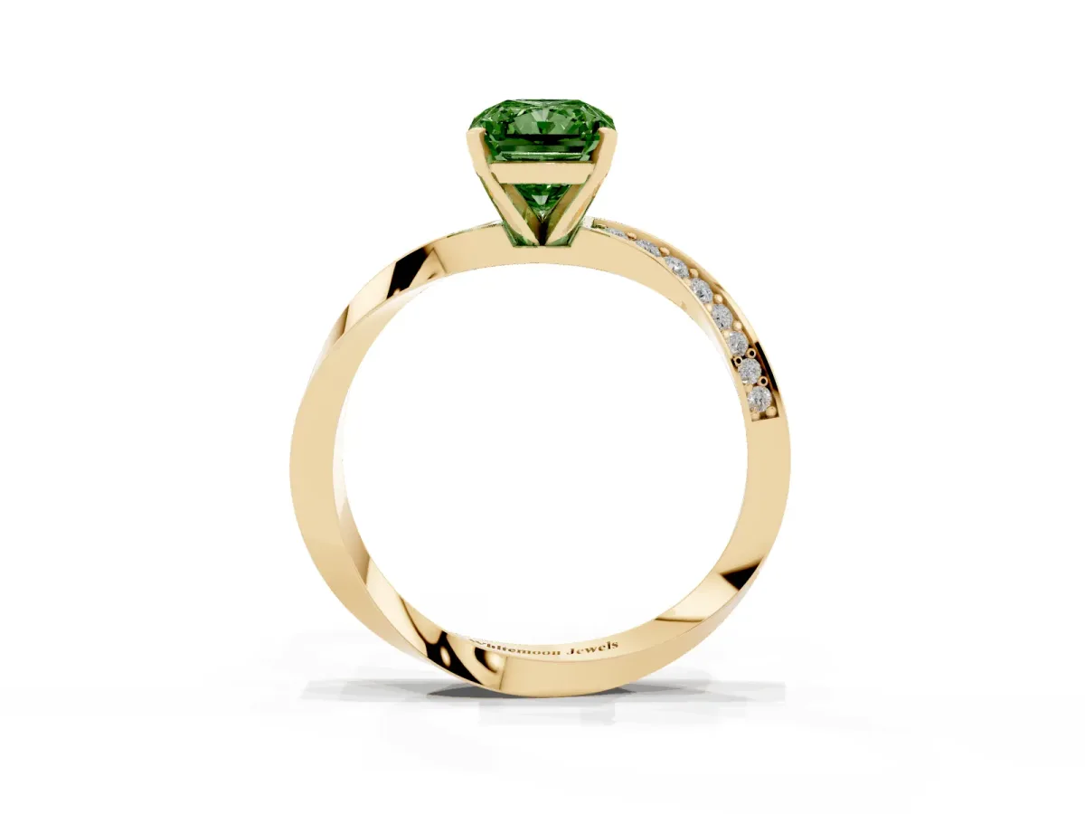 Fancy Green Radiant Cut Diamond Engagement Ring with Side Stone Accents and Four-Prong Setting Yellow gold