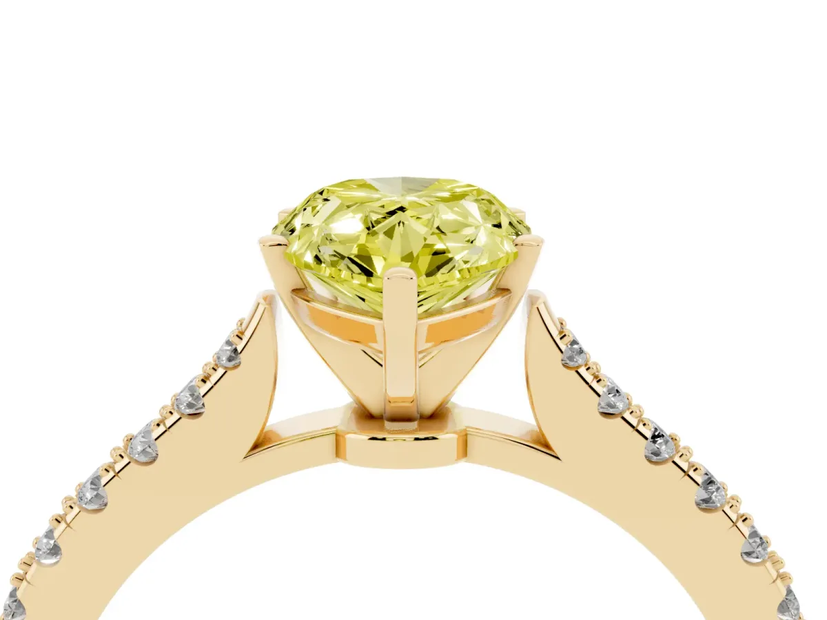 Fancy Yellow Pear Cut Cut Solitaire Diamond Engagement Ring with Pave Band and Four-Prong Setting Yellow gold