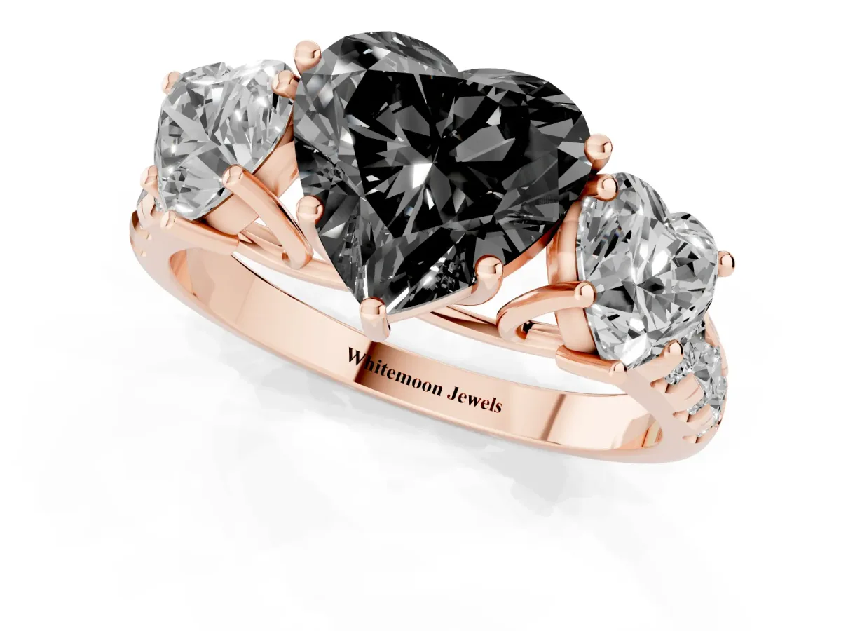 Fancy Black Three-Stone Heart Cut Diamond Pavé Band with Prong Setting Rose gold