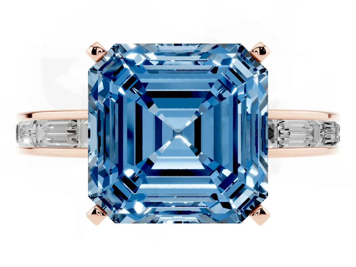 Fancy Blue Asscher Cut Solitaire Diamond Ring with Channel-Set Baguette Band and Four-Prong Setting Rose gold