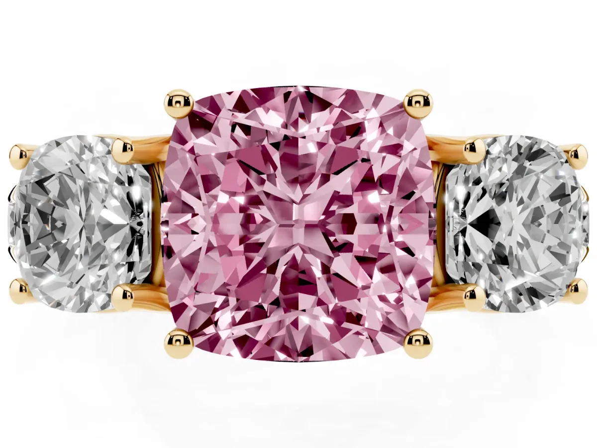 Fancy Pink Three-Stone Cushion Cut Diamond Pavé Band with Prong Setting Yellow gold