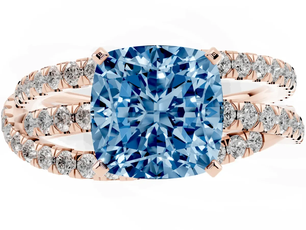 Fancy Blue Cushion Cut Solitaire Twist Band with Pavé Setting and Four-Prong Setting Rose gold