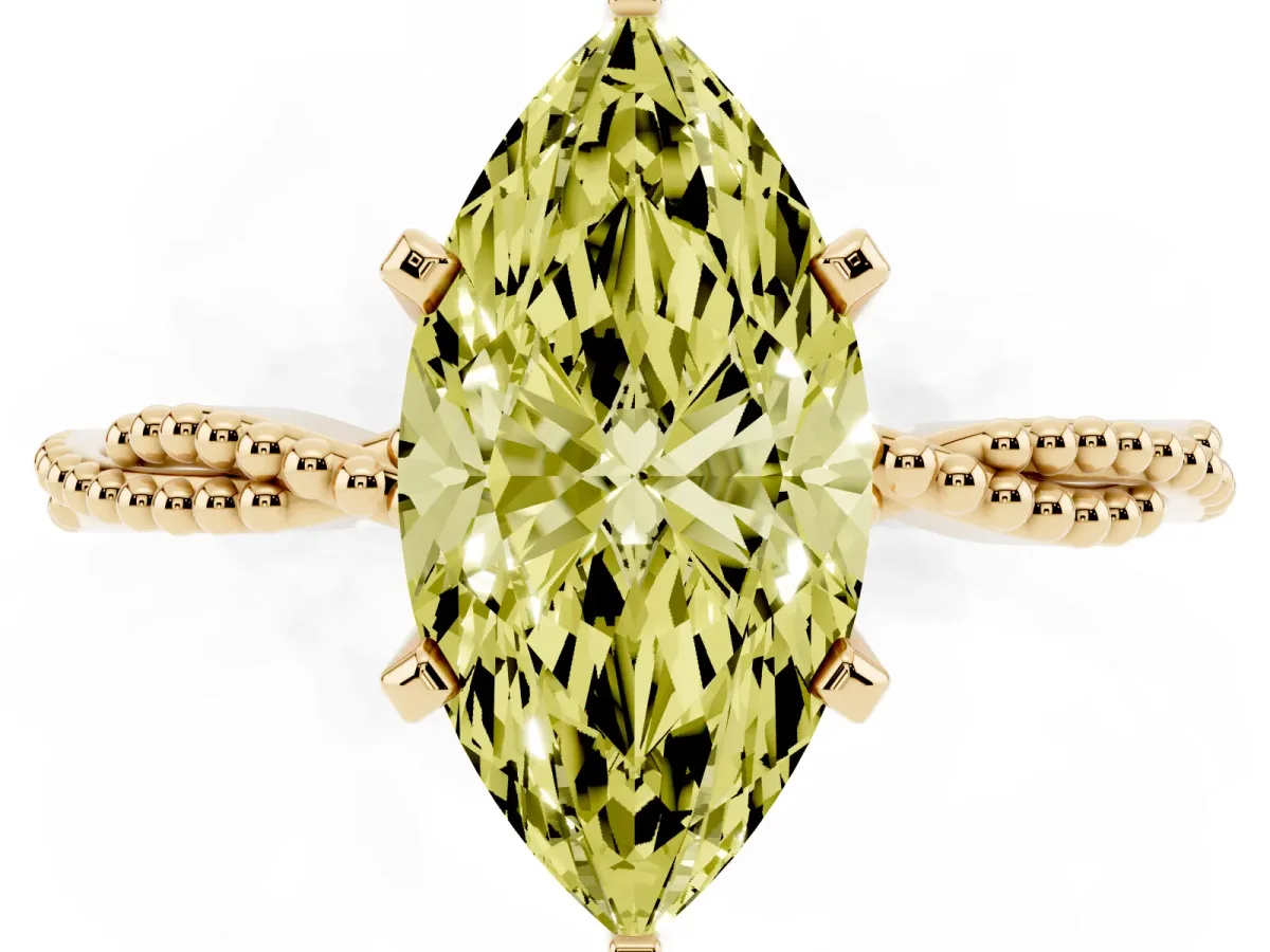 Fancy Yellow Marquise Cut Solitaire Twisted Band with Bead Prong Setting Yellow gold