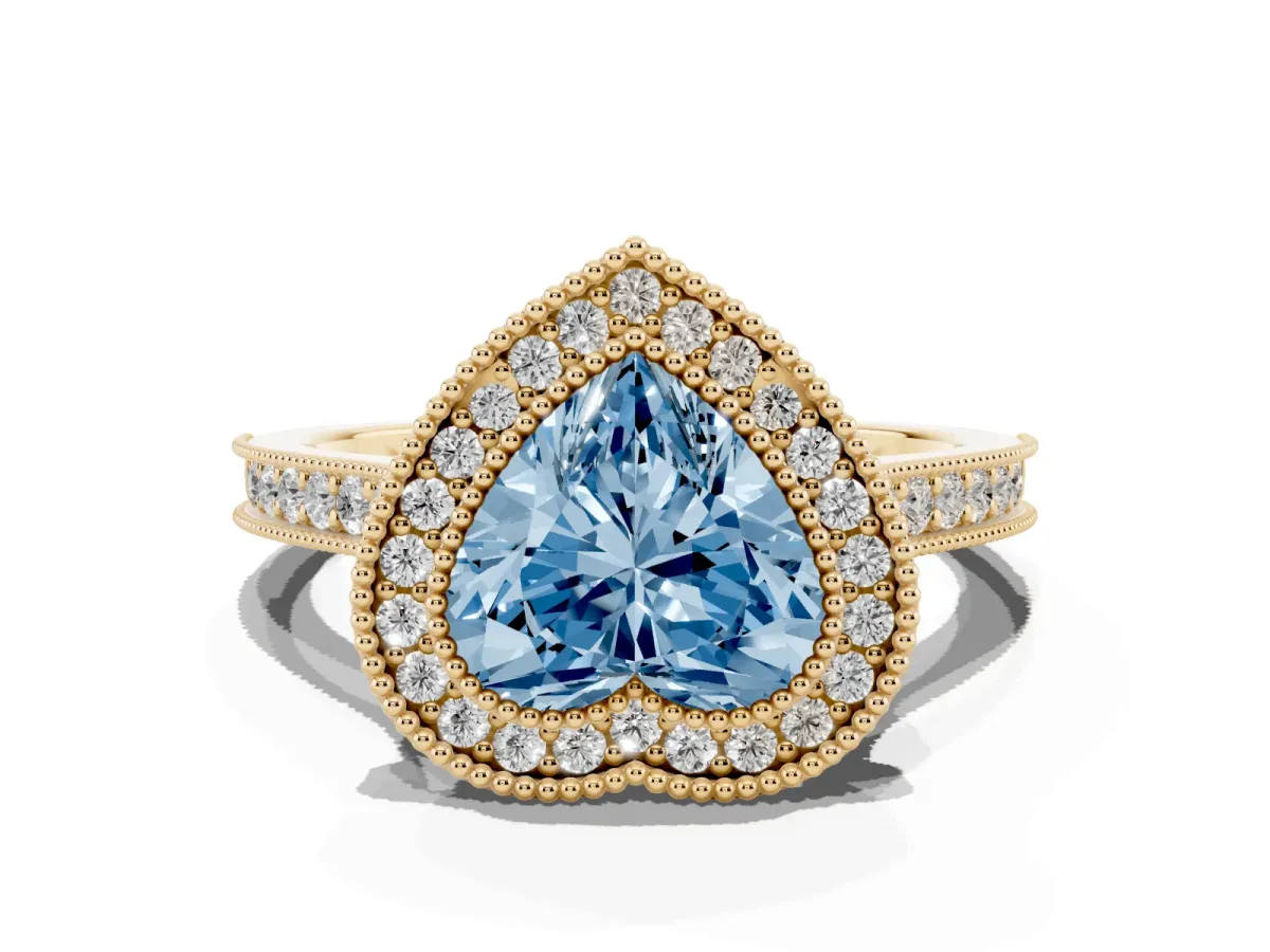Fancy Blue Halo Heart Cut-Cut Diamond Pave Band Milgrain Prong Setting Ring Yellow gold