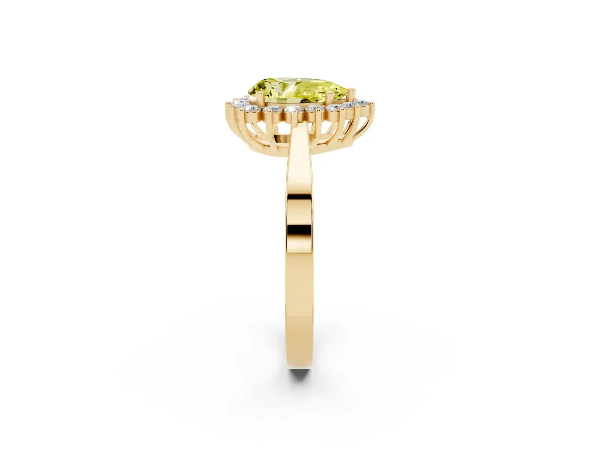 Fancy Yellow Pear Cut Cut Diamond Halo Ring with Round Brilliant Halo and Solitaire Band Yellow gold